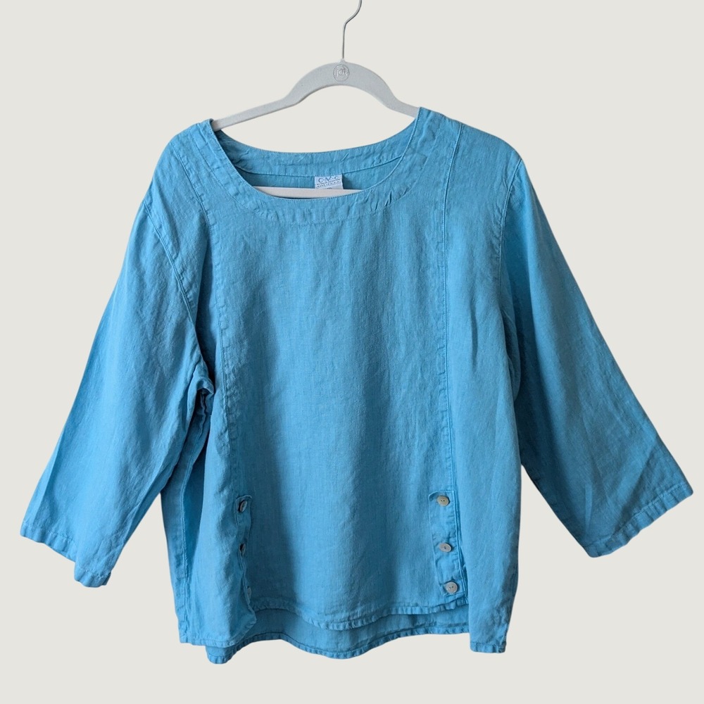 CMC Color Me Cotton Blouse Womens Sz XL Blue 100% Linen 3/4 Sleeve Lagenlook Top